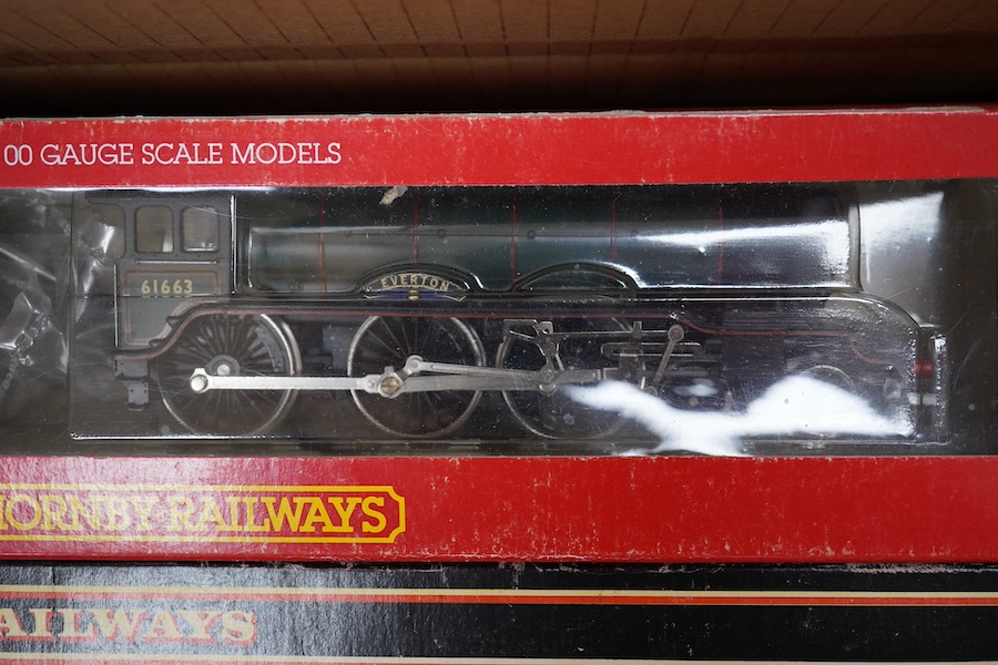 Six boxed 00 gauge railway locomotives by Hornby Railways, etc. including; a BR Class B17/4 (R.133), a BR Coronation Class, a BR Class A4 (R.350), an LNER Class B12/3 (R.150), a BR Class 9F (R.550) and a BR Patriot Class